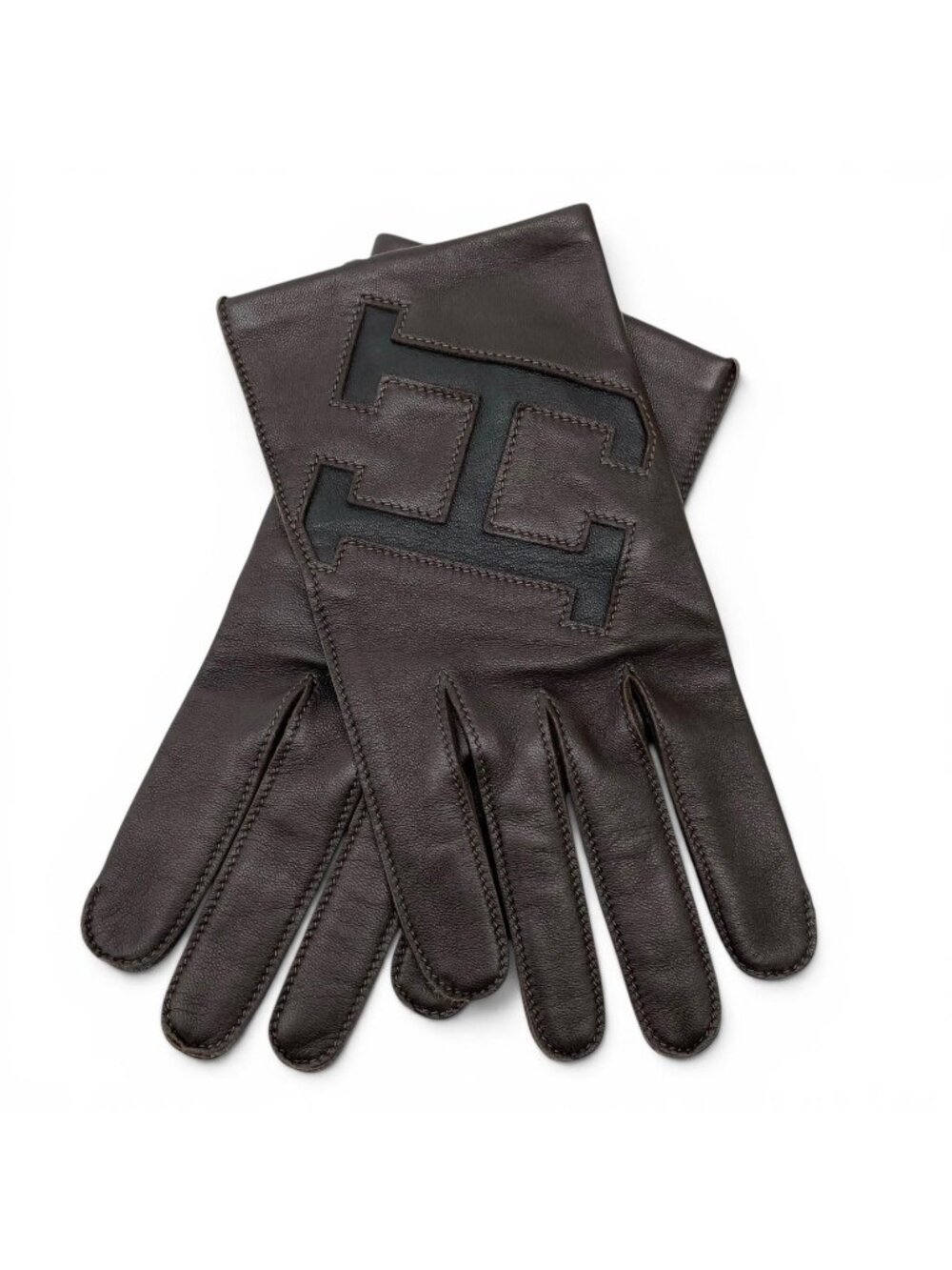 Hermes Lambskin Lining Silk 100% H Logo Gloves Dark Brown 8.5